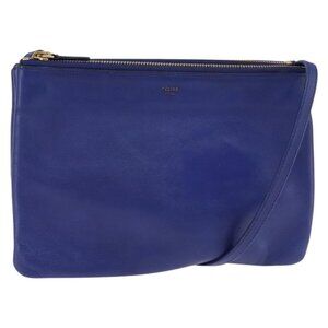 Authentic CELINE Trio large Shoulder Bag Leather Blue Gold